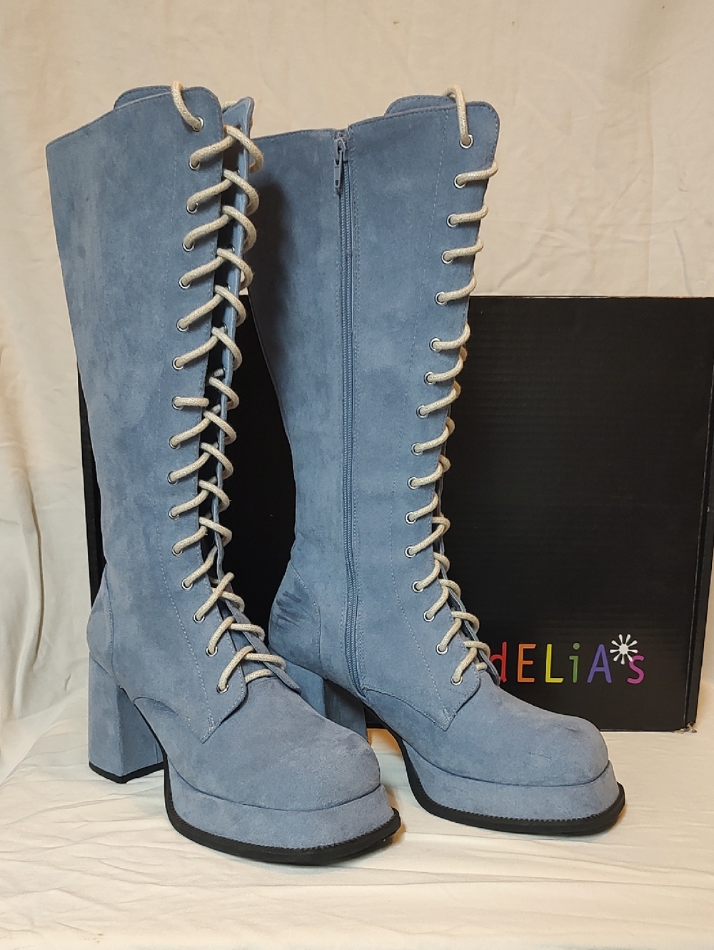 dELiA*s Light Blue Suede Lace-Up Over-the-Knee Platform Boots Size 11M